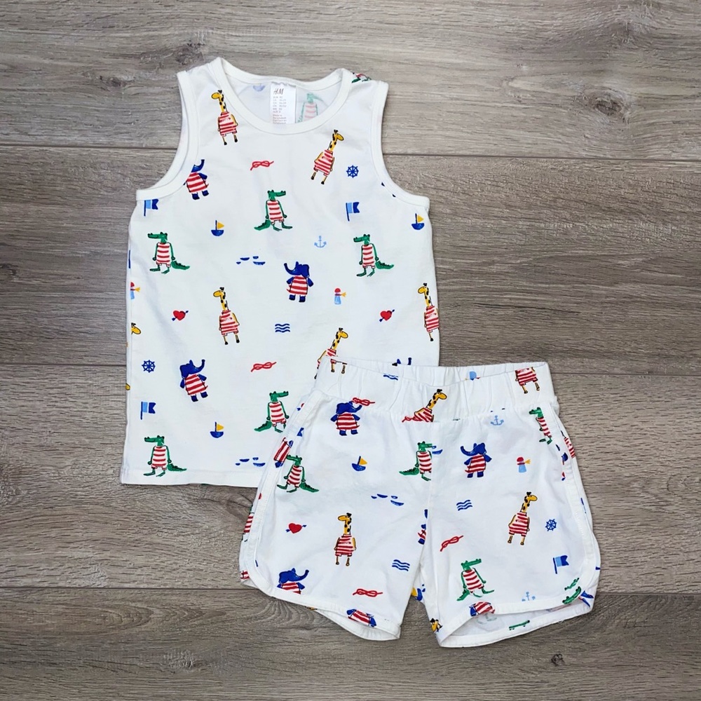 H&M Matching Tank & Shorts Set Giraffe Elephant 2T